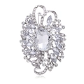Silver-tone flower brooch featuring a large oval crystal and marquise rhinestones - Silver Transparent (B309-A)