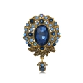 Baroque style brooch with blue crystal pendant and intricate rhinestones on gold alloy - B247-b