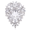 Elegant silver heart floral brooch with sparkling crystals and pear-shaped center stone - Silver Clear Style (B310-A)