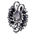Elegant vintage brooch with gray oval crystal and black marquise stones on dark alloy - Gun Black Gray (B309-C)