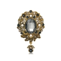 Vintage gold alloy brooch with dark grey gemstone and floral rhinestone clusters - Grey Gemstone Style (B247-A)