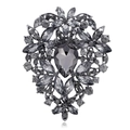 Vintage heart brooch in smoke grey featuring floral patterns and rhinestones - Smoke Grey (B310-C)