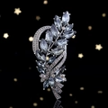 Elegant vintage leaf brooch with dark grey crystals and silver finish for suits - Dark Grey Leaf Style (B115-A)