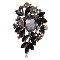 Floral brooch with black marquise gems and grey crystals on a gold base - Gold Black Grey Floral (B313-H)