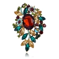 Vintage gold brooch with large red oval gemstone and multi-colored rhinestone floral accents - Red Multicolor Floral (B313-J)