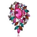 Retro alloy brooch with pink oval crystal and multicolor rhinestones on silver base - Pink Multicolor Floral (B313-K)