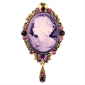 Vintage Victorian cameo brooch with purple resin portrait and teardrop crystal pendant - Antique Gold Purple (C059-B)