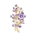 Elegant gold flower bouquet brooch featuring purple crystals and rhinestones for women - Purple Bouquet (C575-A)
