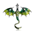 Vintage Silber Drachen Brosche mit grünem Emaille Flügeln und Strasssteinen - Grün-Gelb/Weißer Stein