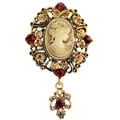Vintage medieval cameo brooch with gold openwork, sparkling rhinestones and pendant - Red Amber Beauty Head Style (C057-B)
