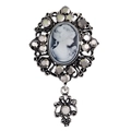 Vintage medieval relief brooch with hollow carved rhinestones and a cameo portrait pendant - Gray-Black Beauty Head Style (C057-A)