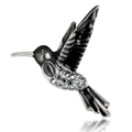 Silver hummingbird brooch with black enamel and grey rhinestones in flight pose - Gray Vintage Style (C477-C)
