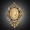 Vintage-Brosche mit Cameo-Relief, goldenem Filigran und bernsteinfarbenen Kristallen - Altgold (C054-B)