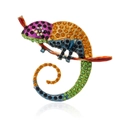 Detailed close-up of a colorful enamel chameleon brooch with vibrant crystal inlays - Purple Green Mixed (B284-B)