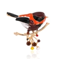 Broche colibri vintage en émail avec cristaux colorés sur une branche dorée - Couleur Rouge-gorge (C719-A)