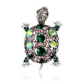 Broche tortue rétro avec cristaux vert foncé et base en métal argenté poli - Style Strass Vert sur Base Argentée (B074-B)