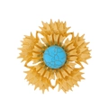 Spilla floreale vintage dorata con petali testurizzati e pietra turchese centrale - Stile Fiore Dorato con Pietra Blu(FG026-A)