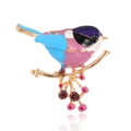 Vintage emaille vogelbroche in lichtblauw en roze met fonkelende strassteentjes - Blauw Roze Paarse Vogel (C719-B)