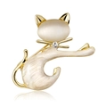 Cute golden cat brooch with opal head and white enamel body on white mirror background - Beige Cat Eye Cat (C088-A)