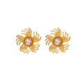 Detailed view of vintage gold flower earrings with spiral petals and centered white pearls - Gold Stud Earrings (Pair)