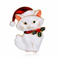 Christmas cat brooch with white enamel, red Santa hat and sparkling green rhinestone eyes - White (C439-A)
