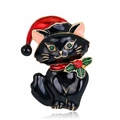 Cute black enamel Christmas cat brooch with red Santa hat and green crystal eyes - Black (C439-B)