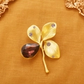 Vintage gold clover leaf brooch with purple gemstone and brushed metal texture finish - Red Purple (FG004-B)