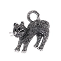 Macro shot of silver-tone cat brooch with pave-set dark grey crystals and black gem eyes - Black Rhinestone Cat Style (AL1281-B)