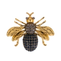 Detailansicht der Vintage Gold Bienenbrosche mit blauen und grauen funkelnden Strasssteinen - Dunkelblauer Strass Bienenstil (AL1278-B)