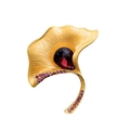Macro shot of gold ginkgo leaf brooch with a large pear-shaped purple gemstone inlay - Purple (FG045-B)