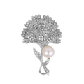 Elegant silver carnation flower brooch with sparkling rhinestones and a cream pearl accent - Carnation Style (B049-A)