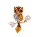 Elegante spilla a gufo in smalto arancione con zirconi e perla bianca su ramo dorato - Gufo Arancione (AL1326-A)