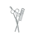 Detailed close-up of a silver barber brooch featuring crossed scissors and comb with pearl - Silver Style (D062-B)