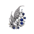 Elegant vintage silver leaf brooch with blue crystals and white rhinestones on white background - Hollow Leaf Style (B126-A)