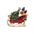 Broche traîneau de Noël dorée avec sapin décoré et strass étincelants de couleurs variées - Style de traîneau d'arbre de Noël (B140-A)