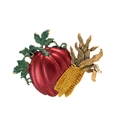 Enameled pumpkin and corn brooch pin with green vine details for autumn outfits - Pumpkin Corn Style (C344-A)