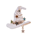 Vintage wizard hat brooch with white enamel, colorful stars, and a hanging pendant - White (B142-A)