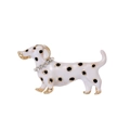 Detailed close-up of enamel puppy brooch with black spots and crystal collar decoration - White Polka Dot Dachshund (C335-B)