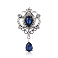 Detailed close-up of Baroque vintage silver brooch with teardrop blue crystals - Antique Silver Base / Deep Blue Stone (C202-A)