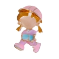 Cute cartoon girl brooch pin with pink hat and cat's eye stone inlay on white background - Girl with Pink Sun Hat (C383-C)
