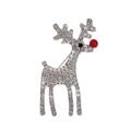 Broche de reno navideño con base plateada, cristales blancos y una perla roja nasal - Estilo Plateado (C281-B)