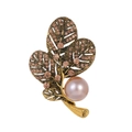 Vintage gold leaf brooch with champagne rhinestones and a large pink pearl accent - Overlapping Leaf and Large Pearl Style (AL1581-A)