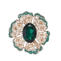 Vintage green crystal flower brooch with gold hollow petals and oval emerald gemstone - Dark Green