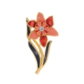 Detail of vintage orchid brooch with red enamel petals and a sparkling crystal center - Orchid Style (FG056-A)