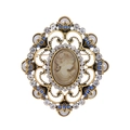 Vintage baroque cameo brooch with rhinestones and pearls on hollow gold metal - Relief Beauty Head Brooch (A054-A)