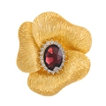 Close-up of vintage gold flower brooch with ruby red center stone and crystal halo - Ruby Red (FG106-B)
