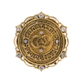 Vintage round gold brooch with rhinestone accents and engraved lettering on white background - Vintage Round Letter Style (C403-A)