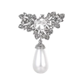 Vintage silver brooch with clear crystals and a large teardrop white pearl drop. - Silver Style (B152-B)