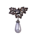 Vintage flower brooch featuring smoke crystals and a grey teardrop pearl pendant - Antique Silver Gray Style (B152-D)