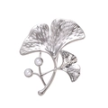 Detailed view of silver ginkgo leaf brooch with fine texture and two white pearls - Silver Ginkgo Leaf Style (AL1078-B) / Silver